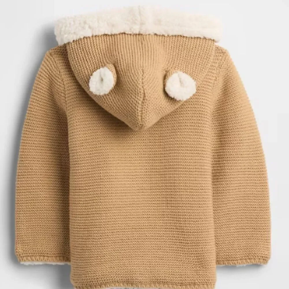 Gap Baby Sherpa Lined Hooded Sweater 100% Soft Cotton Knit Ear Appliques Tan